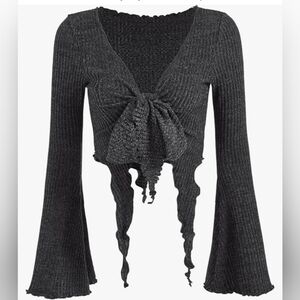 SOLY HUX Womens Long Bell Sleeve Crop V-Neck Tie Front Asymmetrical Top Sz L NWT